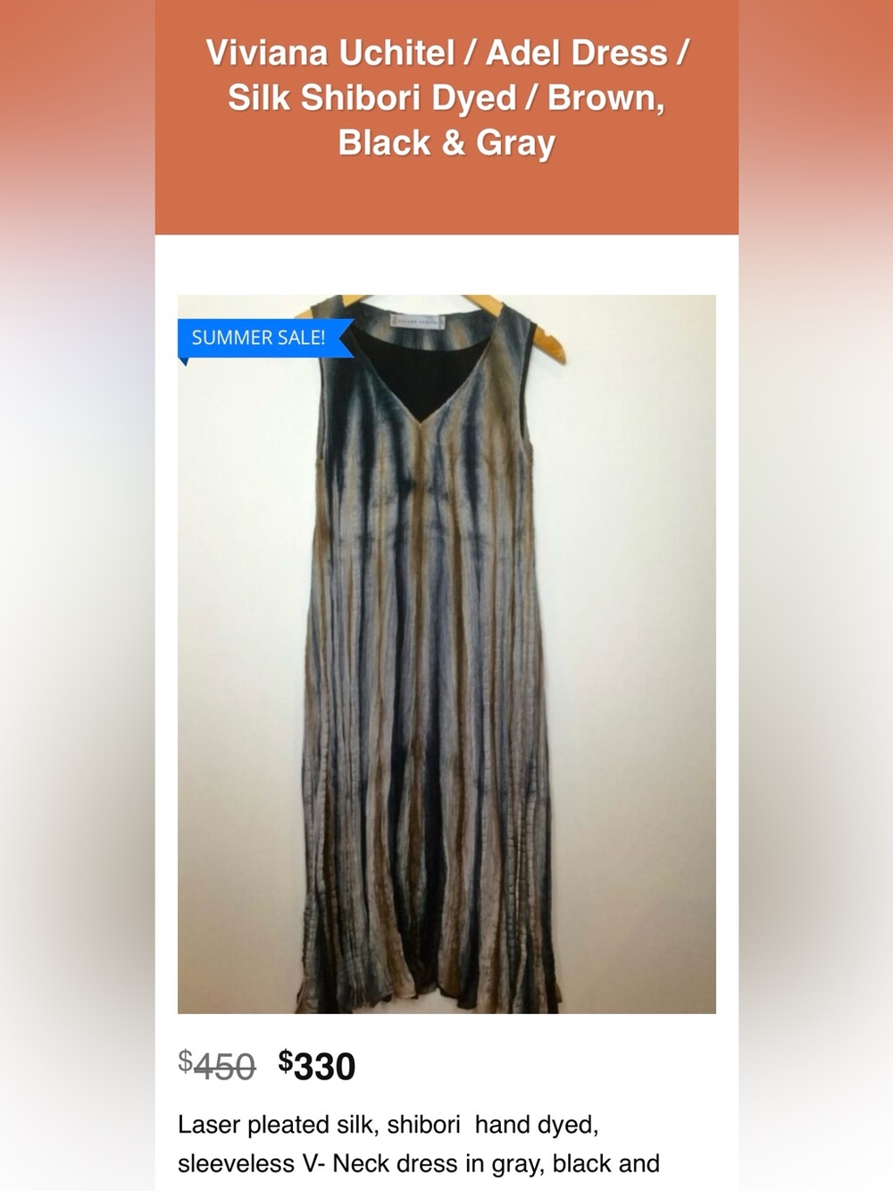 Viviana Uchitel laser-pleated silk, Shibori hand dyed v-neck Maxi dress.